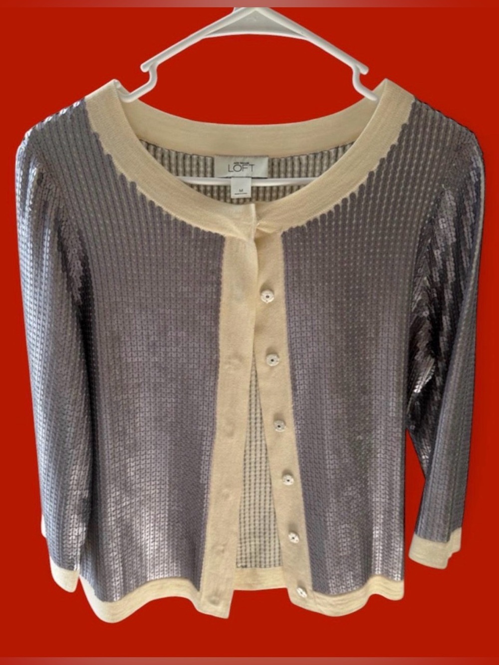 LOFT Silver Sequin Cardigan with Cream Trim
